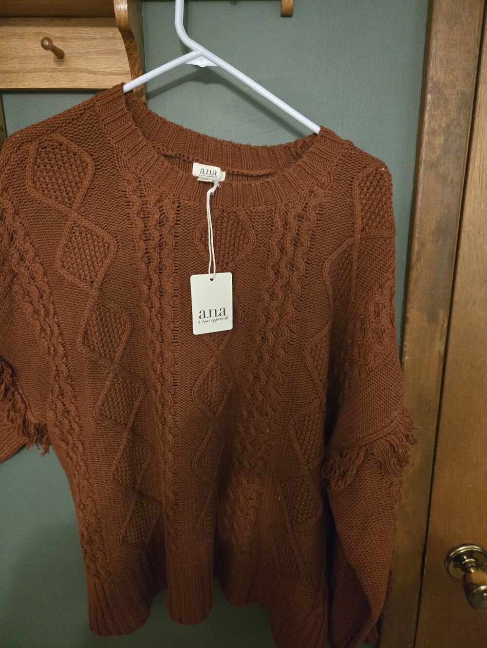 a.n.a Rust Cable Knit Fringe Crewneck Sweater, Size XL